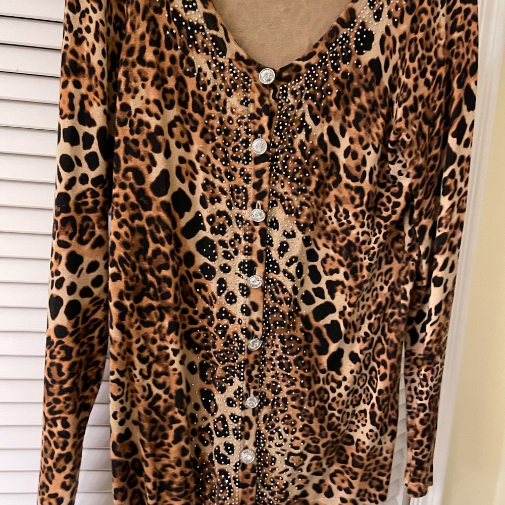 Boston proper embellished leopard long sleeved sweater with jeweled buttons.